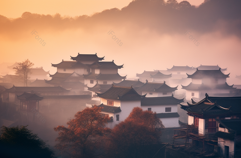 中国江南婺源石城秋色山村晨雾景,高清,摄影图,摄影图片,图片大全,摄影图免费下载